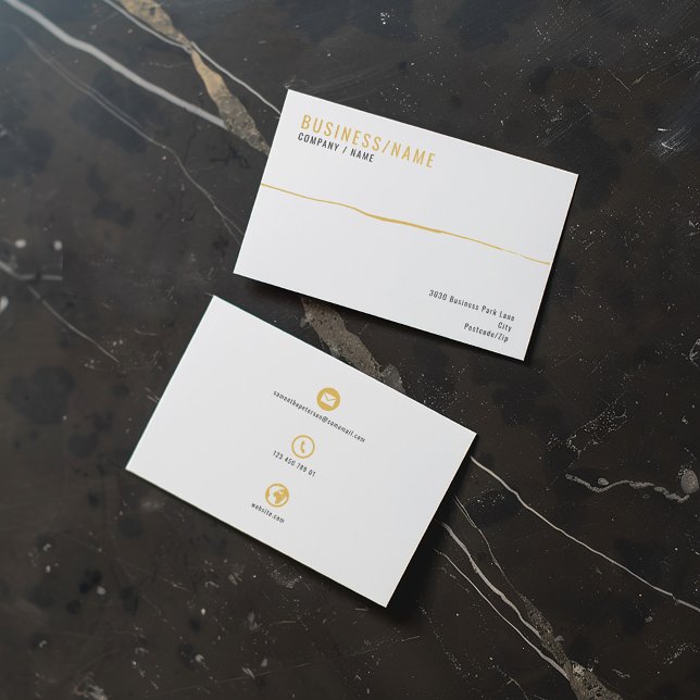 Cartão de visita de faixa de ícones brancos e dour (White and gold business card. Professional business card with 3 bold and simple icons on the back.)