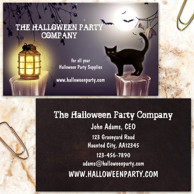 Cartão de visita de Festa de Bat Halloween do Spoo (Halloween business card showing a cute black cat, spider on a lantern and bats at full moon)