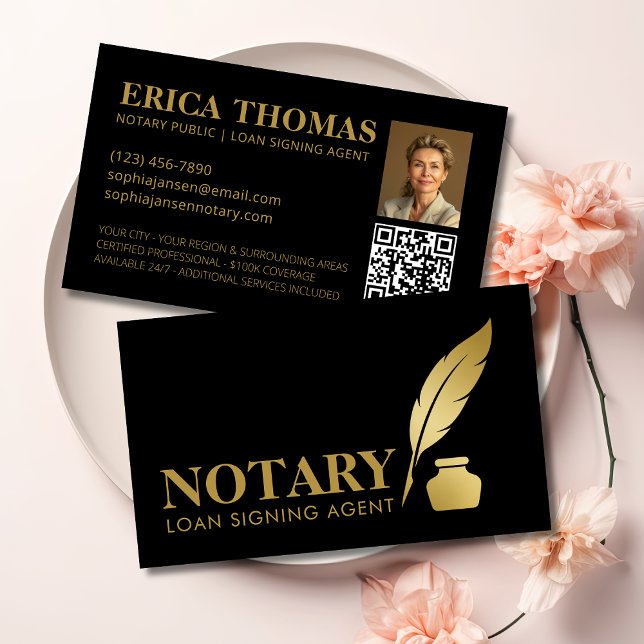 Cartão de visita de Foto Notária Moderna com Códig (Modern Notary Photo Business Card with QR Code)