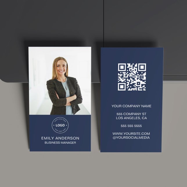 Cartão de visita de Foto QR Professional de Foto M (Modern Minimal Custom Photo Logo QR Blue Business Card)