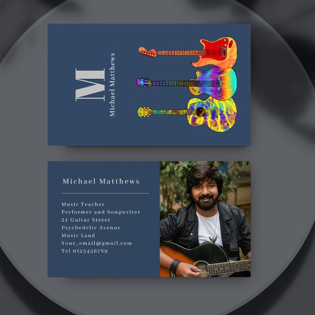 Cartão de visita de Fotografia Personalizada de Pr (Modern guitar music teacher photo template business card)