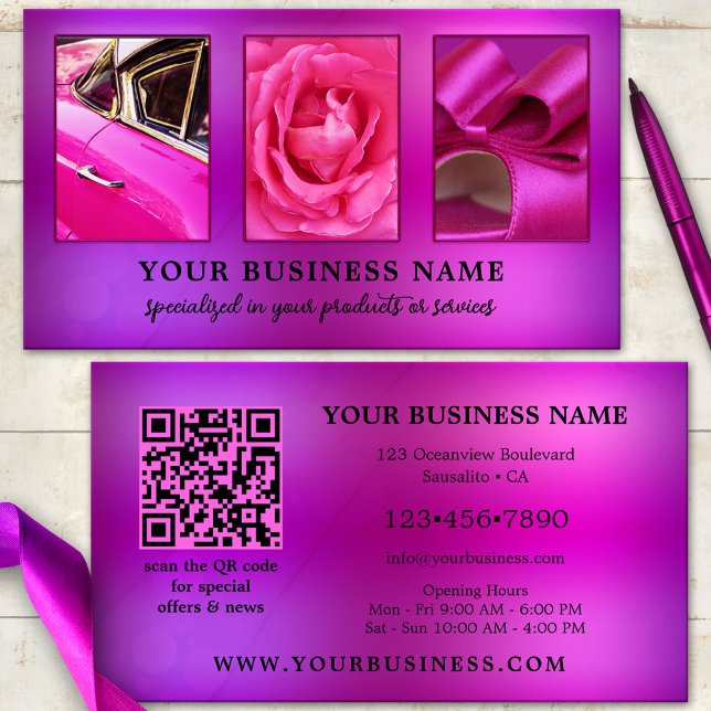 Cartão de visita de Fotografia QR Compradora de Ol (Business card featuring your custom photos on an eye-catching hot pink purple design - with QR code)