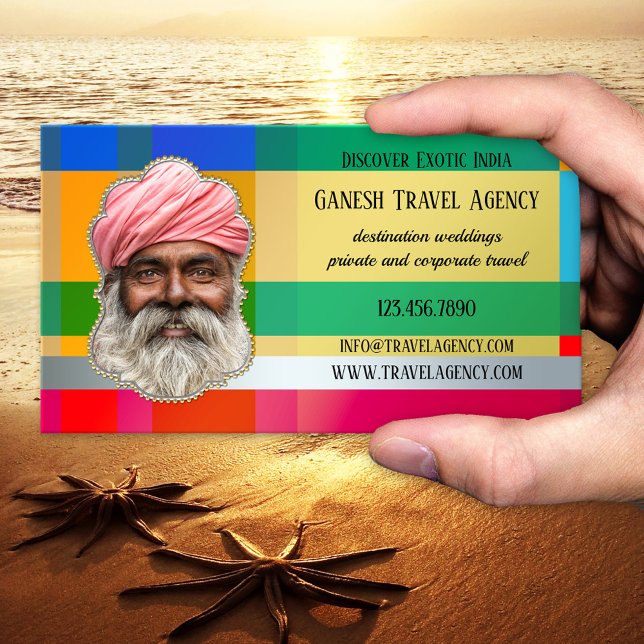 Cartão de visita de Fotografias da Agência de Viag (Eye-catching business card showing a colorful design with silver and gold details - India - travel)