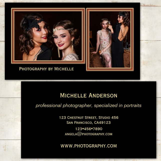 Cartão de visita de Fotógrafo Preto Chic (Photographer business card featuring your photos framed by a rose gold lining on black )