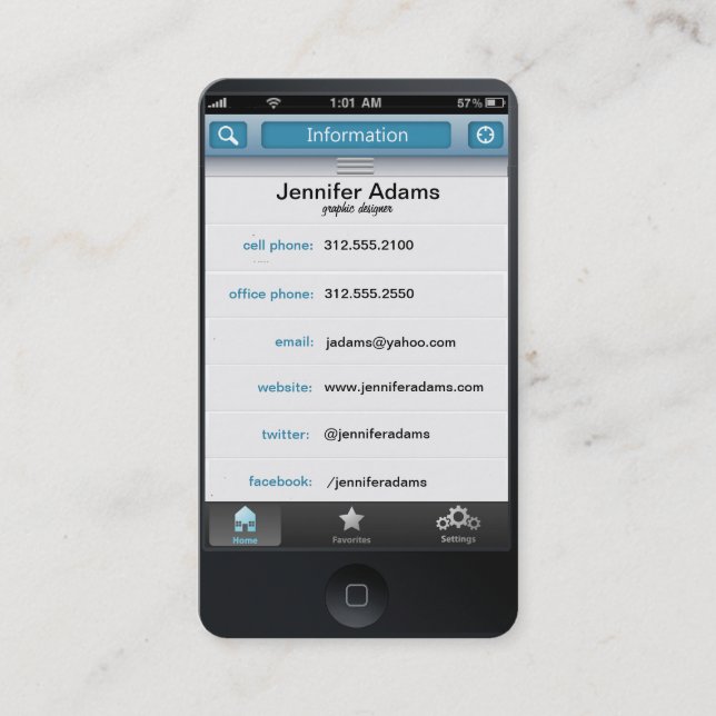 cartão de visita de fotos personalizadas do iPhone (Frente)