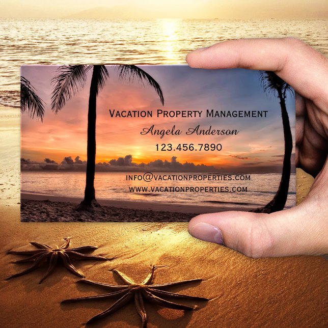 Cartão de visita de Gerenciamento de Propriedades  (Business card showing a sunset at a tropical beach - travel agency - holiday rentals - vacation home)