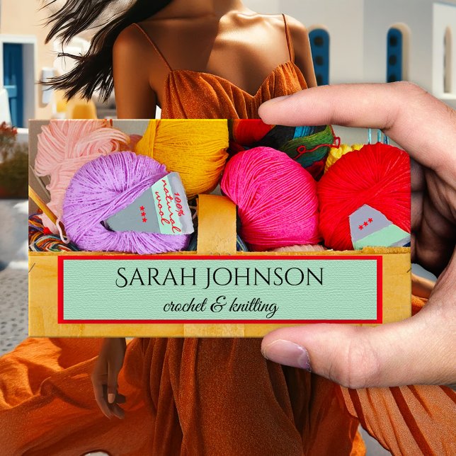 Cartão de visita de lã colorida para crochê e tric (Business card featuring a basket with wool in bright colors - artisan - handmade - knitted - maker)