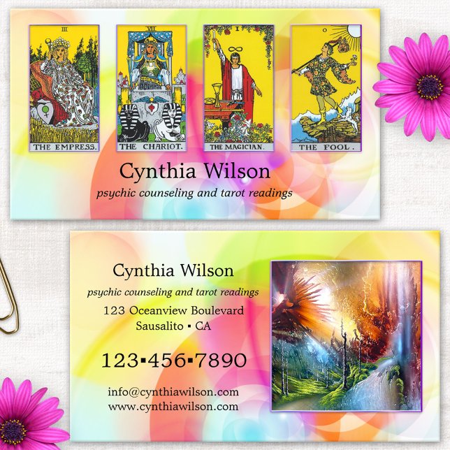 Cartão de Visita de Leitor de Tarot Psíquico (Psychic tarot business card featuring your own photos framed by a colorful artistic background)