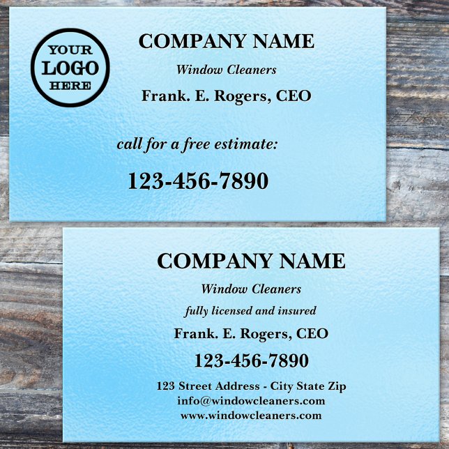 Cartão de visita de limpeza da janela de vidro do  (Professional window cleaner business card featuring a blue frosted glass design)