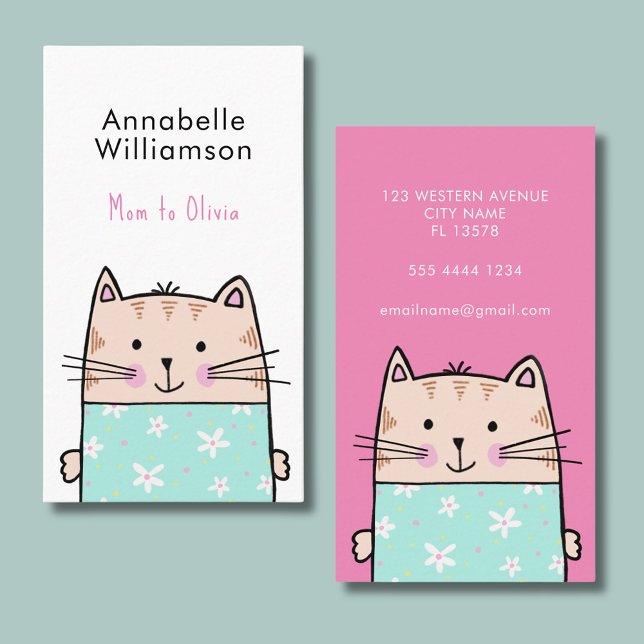 Cartão de visita de mamãe gatinha fofa (Cute cat mommy calling card. Perfect for parent networking and play dates.)