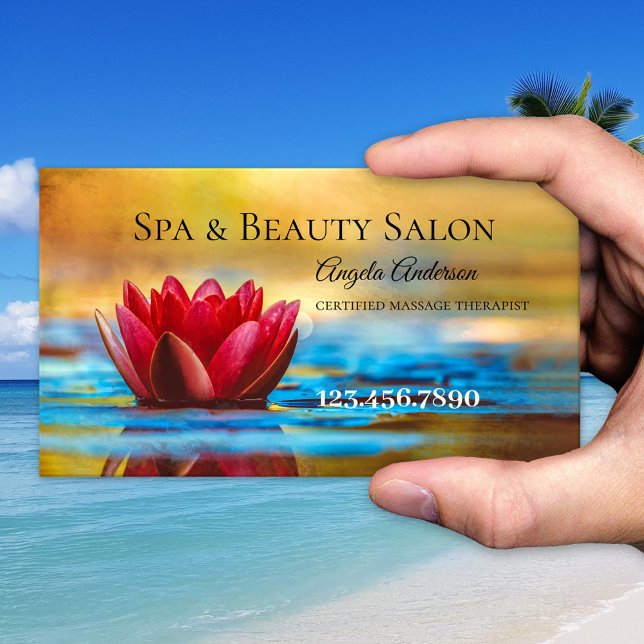 Cartão de visita de Massagem de Lily Spa Beauty (Business card featuring a painting of a colorful water lily. Spa, beauty salon or massage therapist)