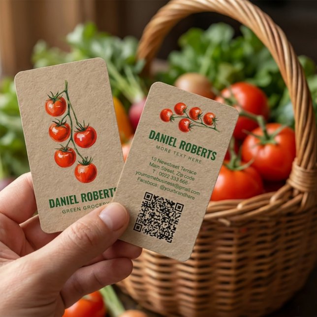Cartão de Visita de Mercearia Verde – Tomate Aquar (#GreenGrocery #FreshProduce #GroceryStore #VegetableShop #TomatoDesign #EcoFriendlyBranding #Organic)