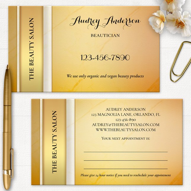 Cartão de visita de nomeação de beleza Dourada ele (Professional glam appointment business card in gold and ivory with peach)