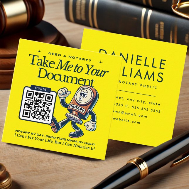 Cartão de visita de Notícias de Código QR Amarelo (Yellow QR Code Notary Business Card - Take Me to Your Document Theme)