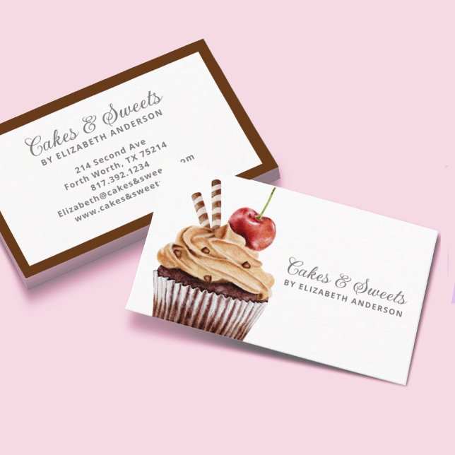 Cartão de visita de padaria de pastelaria cupcake (A modern and elegant cupcake bakery business card featuring a chocolate cupcake with a cherry on top)