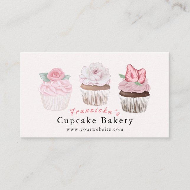 Cartão de visita de padaria rosa-cupcake (Frente)