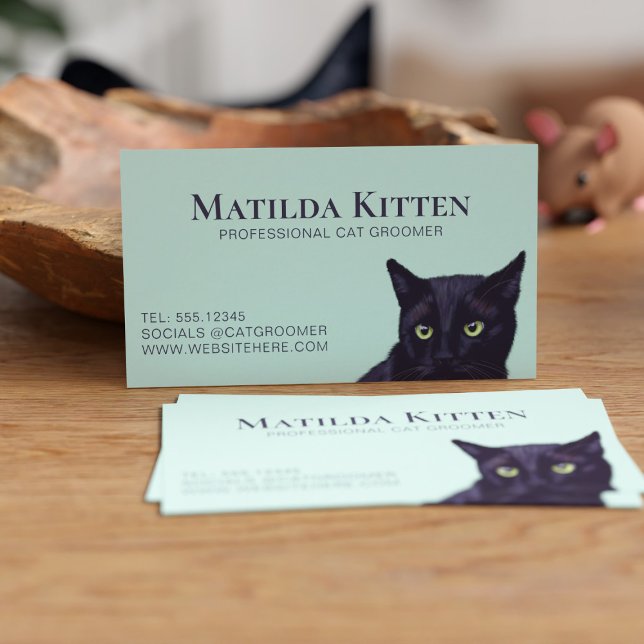 Cartão de visita de Pet de Groomer de Gato Negro P (Purrfect business card for a cat groomer or cat sitting service. Just add your details)