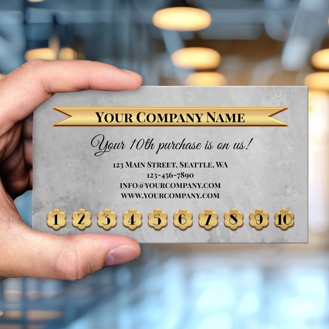 Cartão de visita de placa de aperto de fidelidade  (Professional grey artistic loyalty business card with gold metallic punch numbers - customer reward)