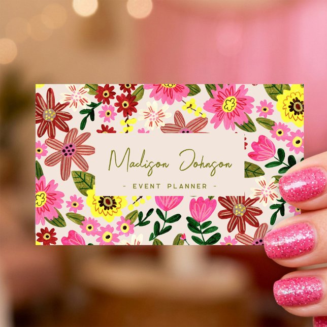 Cartão de Visita de Planejamento de Eventos Florai (Colorful Floral Event Planner Business Card Design)