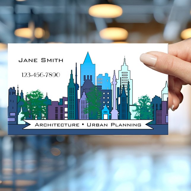 Cartão de visita de Planejamento Urbano de Arquite (Modern design professional architect or urban planner business card featuring a city skyline)