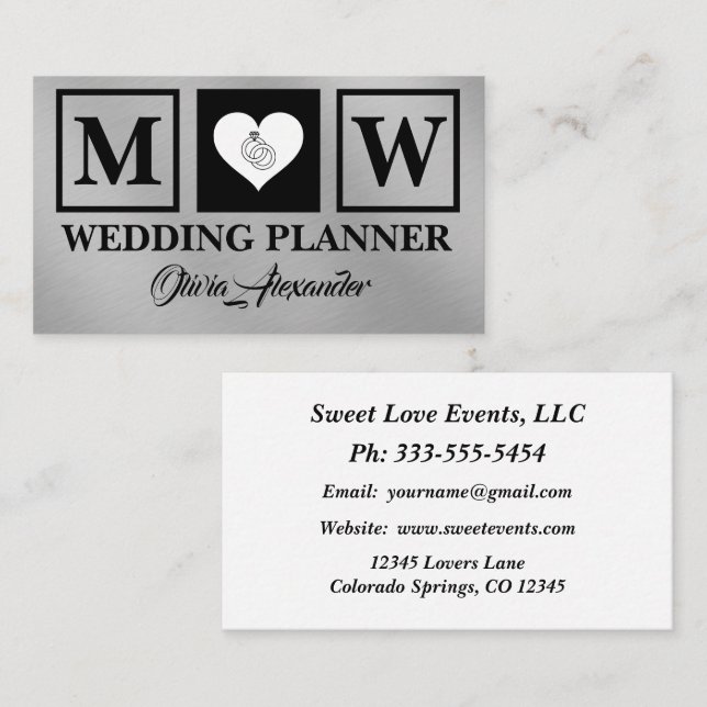 Cartão de visita de Planner de Casamento de Prata  (Frente/Verso)