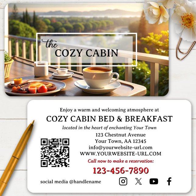 Cartão de Visita de Pousada com Foto (Bed and breakfast business card featuring your custom photo with an elegant transparent overlay)