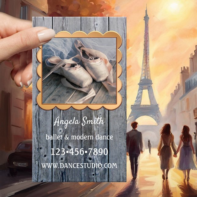 Cartão de visita de professor de dança de balé (Business card showing your photo framed by a curvy rose gold design on rustic wood - ballet teacher)