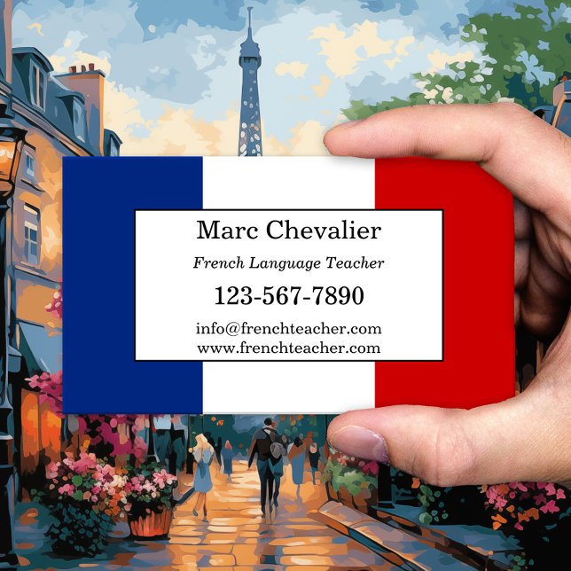 Cartão de Visita de Professor de Língua Francesa (Business card for a teacher of the French language with the French flag as background)