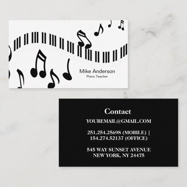 Cartão de visita de Professor de Piano Branco e Pr (Frente/Verso)