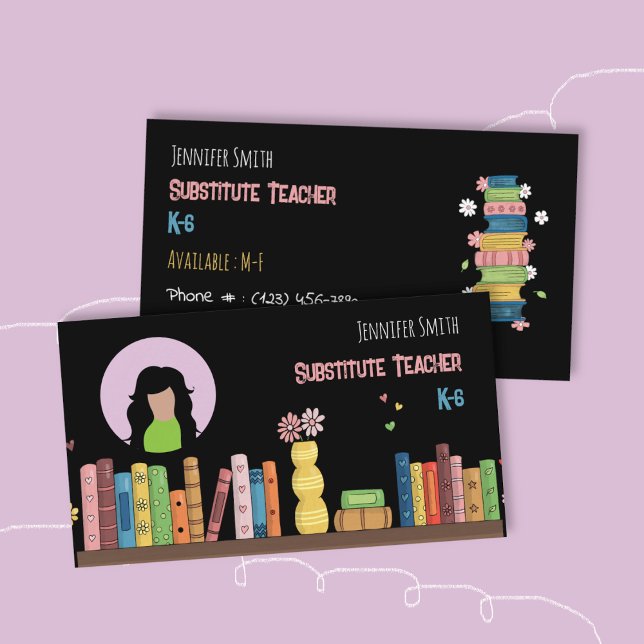Cartão de Visita de Professor Substituto Preto com (Watercolor bookshelf double-sided educator black business card with photo .)