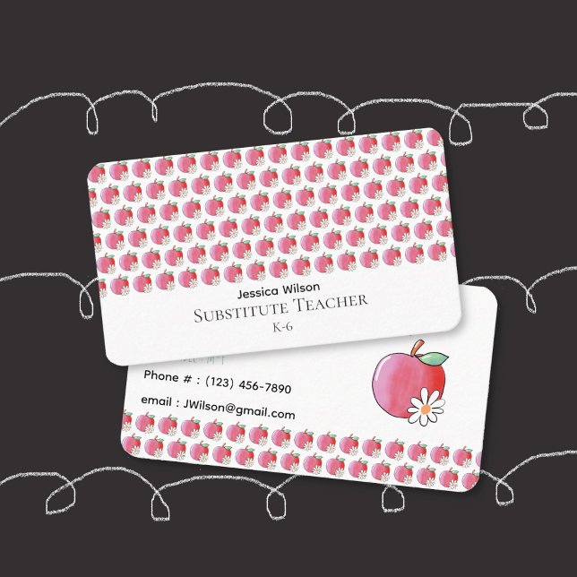 Cartão de Visita de Professora com Padrão de Maçã  (Red apple and daisy pattern double-sided rounded business cards for educators .)