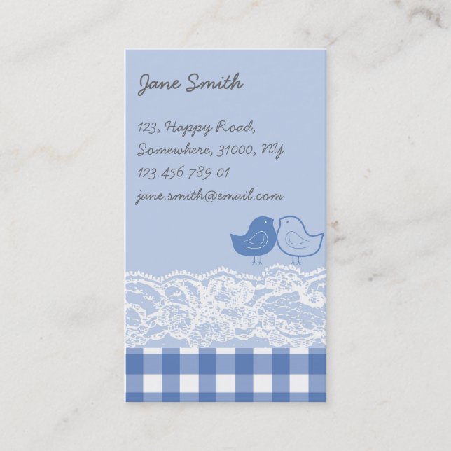 Cartão de visita de rendas de aves azuis e roxas (Frente)