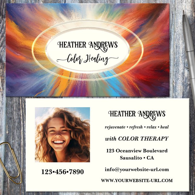 Cartão de visita de Reparo de Cores Acessórios (Business card featuring a colorful and vibrant design with a light center - healer - color therapy)