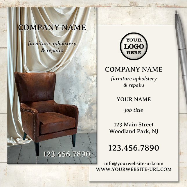 Cartão de Visita de Revestimento e Reparação de Mó (Professional furniture upholstery or furniture repair business card featuring a vintage chair)