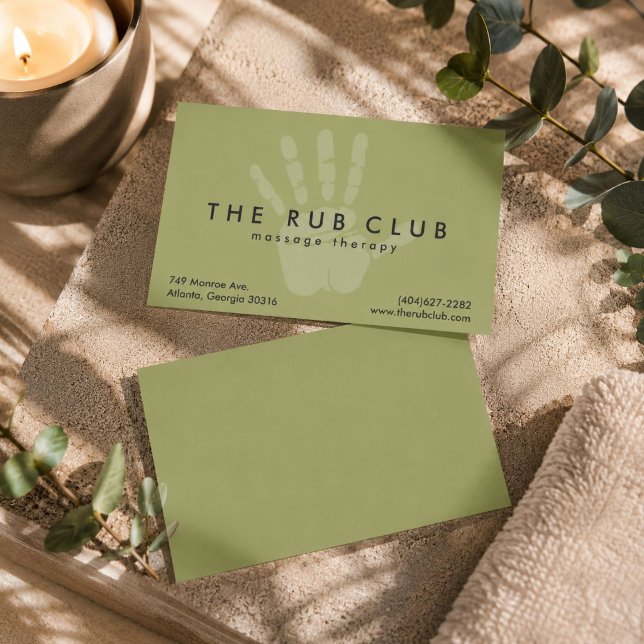 Cartão de Visita de Terapia de Massagem com Marca  (Green Handprint Massage Therapist Business Card)
