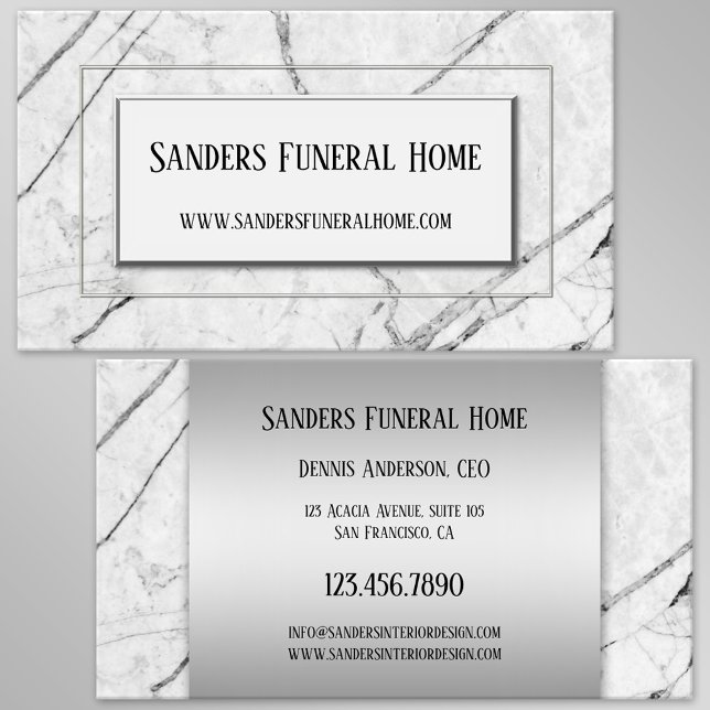 Cartão de visita de Tinta Cinza (Business card featuring a black and white marble design with silver lining - undertaker - cremation)