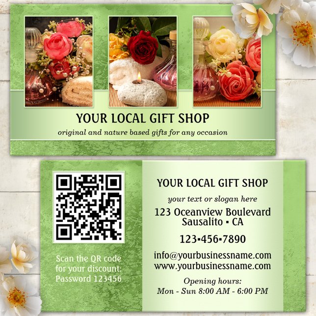 Cartão de Visita de Varejo Local com Código QR de  (Elegant business card featuring your photos (optional) framed by a green design - with QR code )