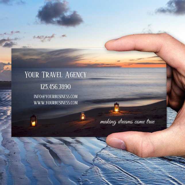 Cartão de visita de Viagem de praia sunset (Peaceful and romantic business card featuring lights on the beach at sunset - travel - peace )