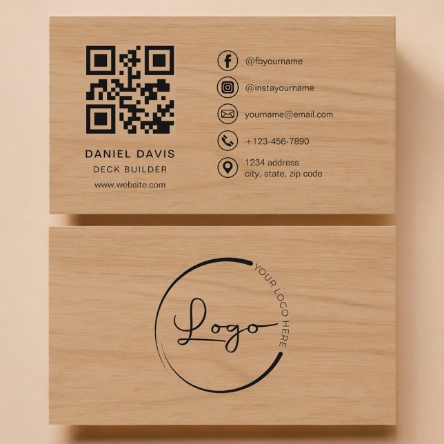 Cartão De Visita Deck Builder Wood Professional QR Code (Criador carregado)