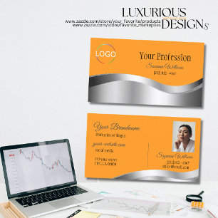 Cartão De Visita Decor de Prata Laranja Clássica com Foto de Logoti