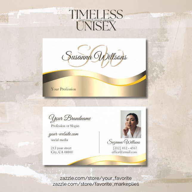 Cartão De Visita Decor Dourado Branco Clássico com Foto Inicial (Criador carregado)