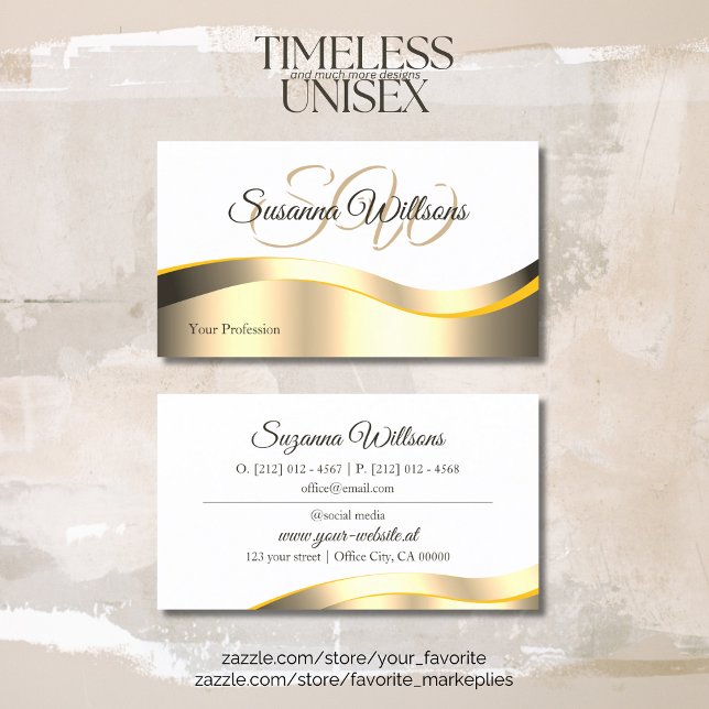 Cartão De Visita Decor Dourado Branco clássico com onda com inicial (Criador carregado)