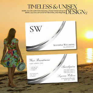 Cartão De Visita Decor prateado branco comum clássico com monograma