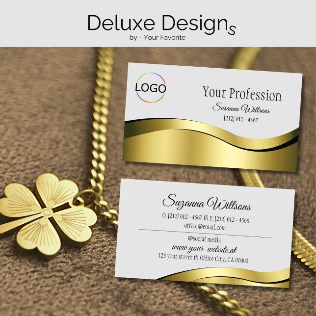 Cartão De Visita Decoração Dourada ondulada na Cinza clara com logo (Criador carregado)