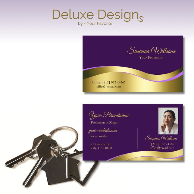 Cartão De Visita Decoração Dourada Roxo Real com Elegante Fotográfi (Criador carregado)
