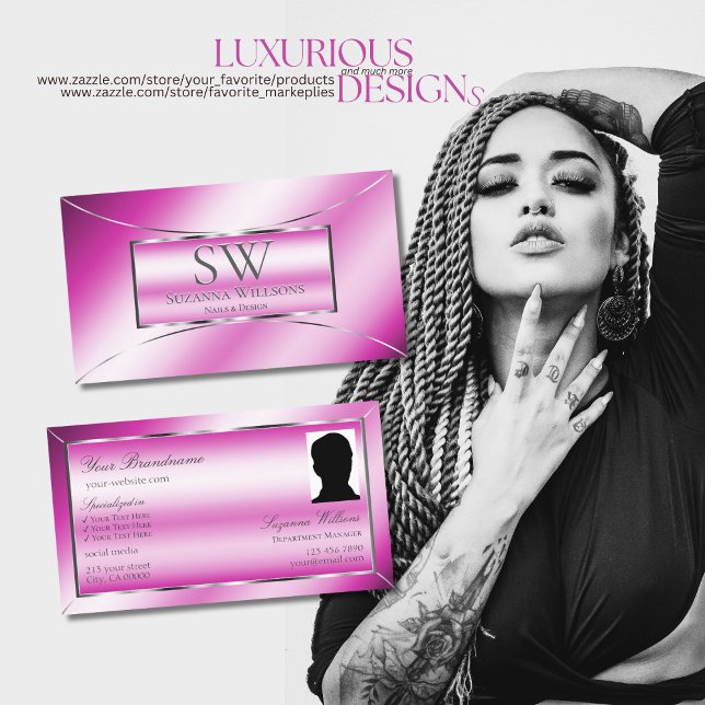 Cartão De Visita Decoração Prateada Rosa Shimmery com Monograma e F (Criador carregado)