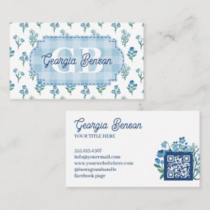 Cartão De Visita Delicado Monograma Floral Azul Cottagecore