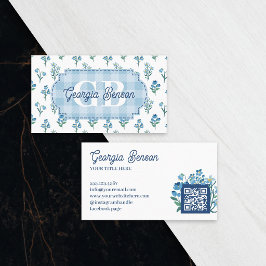 Cartão De Visita Delicado Monograma Floral Azul Cottagecore