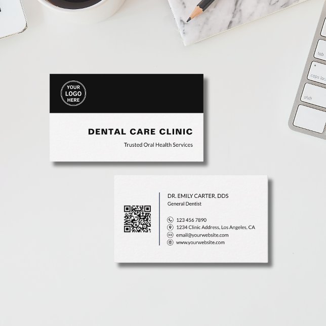 Cartão De Visita Dental Clinic Dentist Custom Logo QR Code Black (Dental Clinic Dentist Custom Logo QR Code Black Business Card)