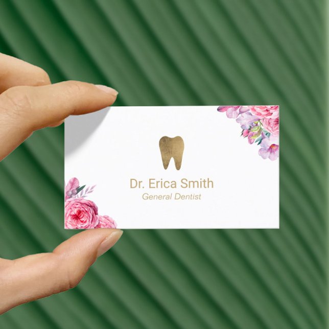 Cartão De Visita Dentista Elegante Dourada Floral Dentária (Criador carregado)
